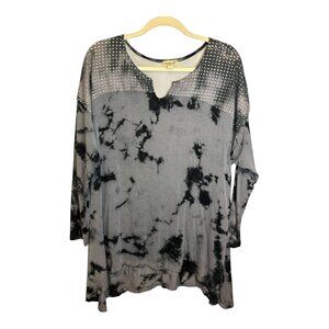 One World Blouse Women's‎ Size 1X Tie Dye Abstract Goth Tunic Black Gray